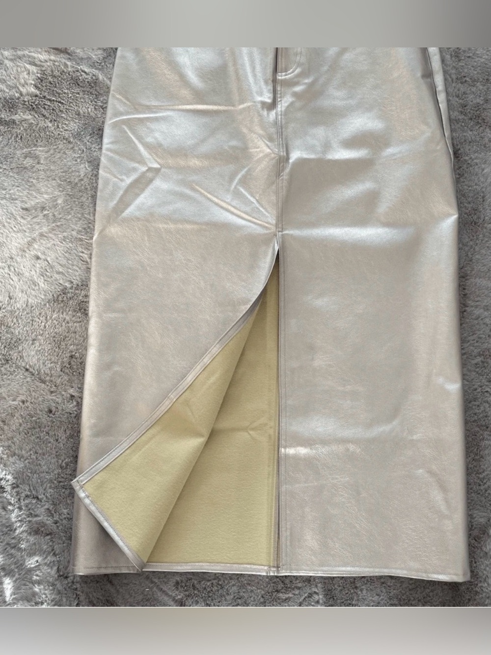 WAYF Metallic Silver Faux Leather Midi Skirt M NWT Coated Quiet Luxury Moto - Picture 9 of 15
